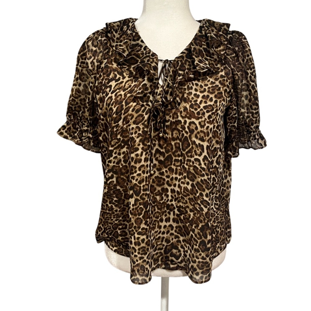Cupcakes & Cashmere Ruffled Animal Print Tie Neck Blouse